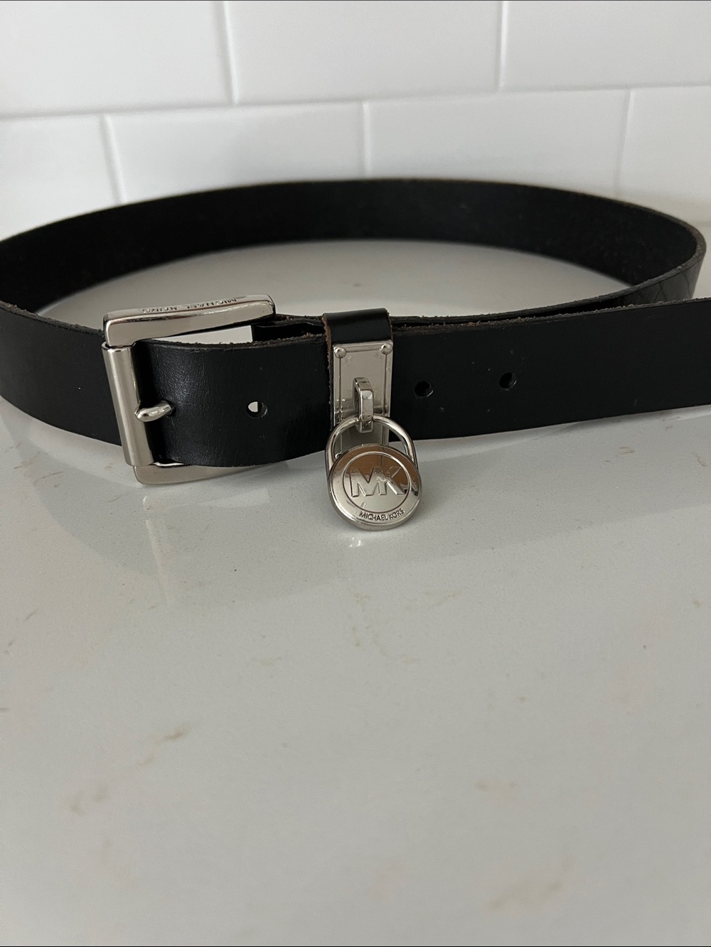 Michael Kors Black Leather Belt with Silver MK Charm